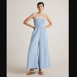 Quince 100% Organic Cotton Gauze Smocked Wide Leg Jumpsuit Blue Size M